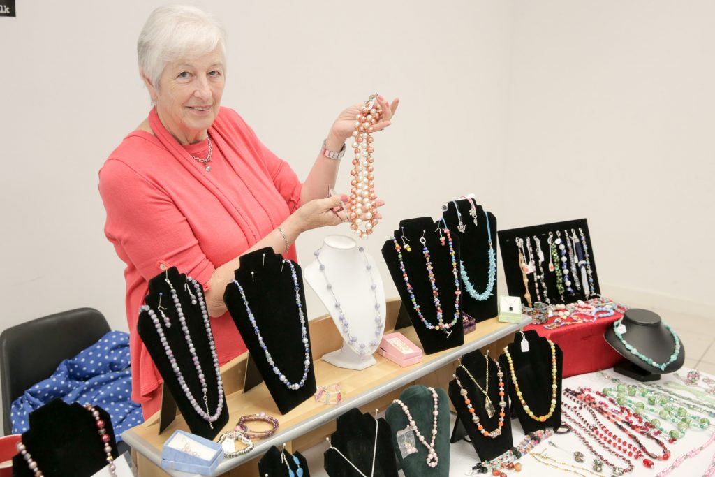 Philip Magowan Photography - Northern Ireland - 05th August 2016 High Street Mall in Portadown hosts a monthly craft fair, on the first Saturday in every month, organised by Sinead McMahon of Danann Crafts. Pictured: Ruby Hamilton displays her crafted necklaces. 50% of all Ruby sells goes to Cancer Research.  Picture: Philip Magowan